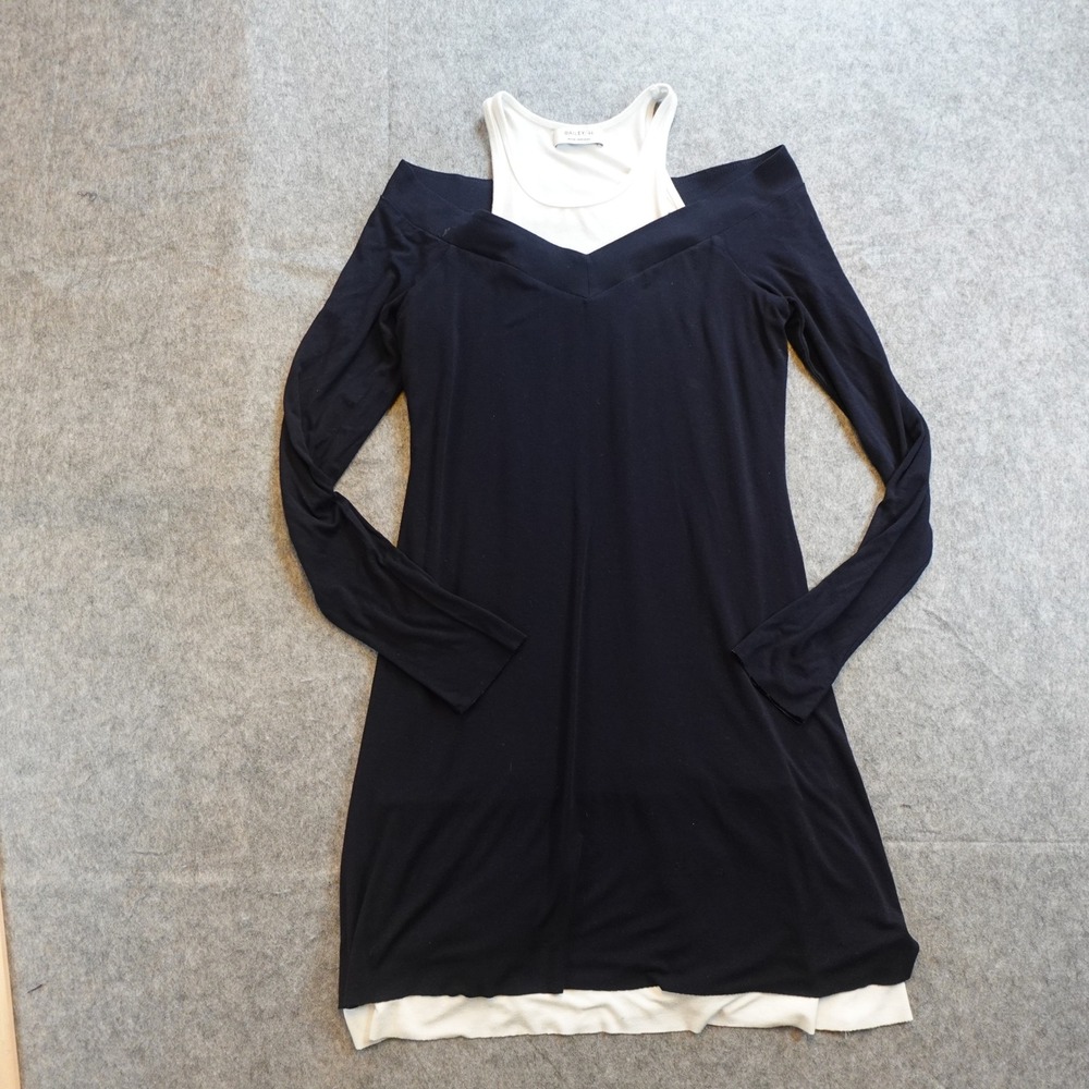 Bailey 44 Dress Womens Medium Navy White Layered Cold Shoulder Long Sleeve Swing